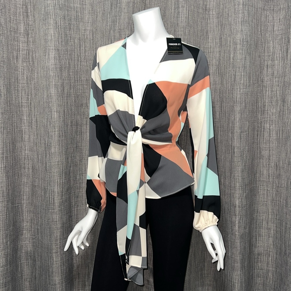 NWT FOREVER 21 CONTEMPORARY Multicolor Tie Front Plunge Neck Open Back Top S